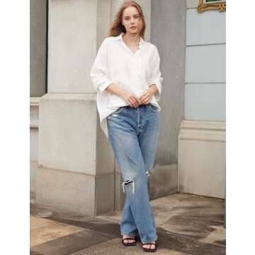 Yimoon Womens Denim Shirt Chambray Blue Button Down Jean Shirt Denim Tops Soft Tencel Casual 3/4 Sleeve Jacket(White-XXL)