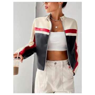 MakeMeChic Women's Color Block Zip Up Short Jacket Long Sleeve Mock Neck Crop Coat Outwear Multicolor Large