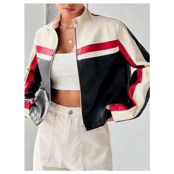 MakeMeChic Women's Color Block Zip Up Short Jacket Long Sleeve Mock Neck Crop Coat Outwear Multicolor Large