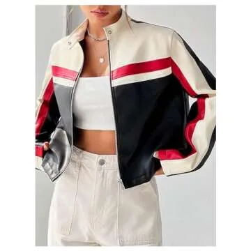 MakeMeChic Women's Color Block Zip Up Short Jacket Long Sleeve Mock Neck Crop Coat Outwear Multicolor Large