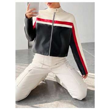 MakeMeChic Women's Color Block Zip Up Short Jacket Long Sleeve Mock Neck Crop Coat Outwear Multicolor Large