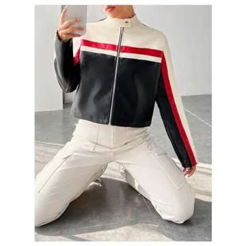 MakeMeChic Women's Color Block Zip Up Short Jacket Long Sleeve Mock Neck Crop Coat Outwear Multicolor Large