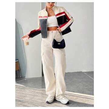 MakeMeChic Women's Color Block Zip Up Short Jacket Long Sleeve Mock Neck Crop Coat Outwear Multicolor Large