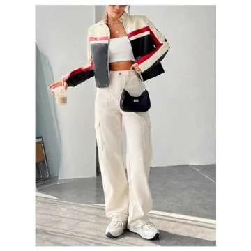 MakeMeChic Women's Color Block Zip Up Short Jacket Long Sleeve Mock Neck Crop Coat Outwear Multicolor Large