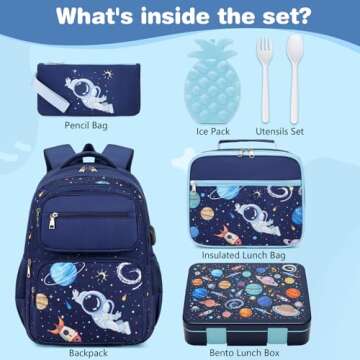 Bevalsa Kids Backpack for Boys with Bento Lunch Box, Insulated Bag, Ice Pack & Utensils, 44oz Lunch Containers with 6 Compartment & Bookbag Set for Kids Elementary Middle School Student (Space)