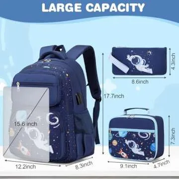 Bevalsa Kids Backpack for Boys with Bento Lunch Box, Insulated Bag, Ice Pack & Utensils, 44oz Lunch Containers with 6 Compartment & Bookbag Set for Kids Elementary Middle School Student (Space)