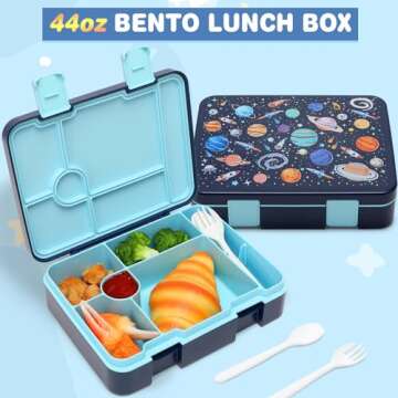 Bevalsa Kids Backpack for Boys with Bento Lunch Box, Insulated Bag, Ice Pack & Utensils, 44oz Lunch Containers with 6 Compartment & Bookbag Set for Kids Elementary Middle School Student (Space)