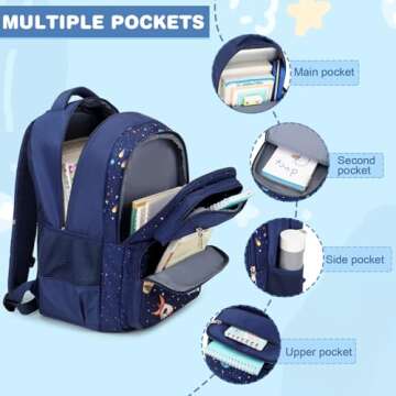 Bevalsa Kids Backpack for Boys with Bento Lunch Box, Insulated Bag, Ice Pack & Utensils, 44oz Lunch Containers with 6 Compartment & Bookbag Set for Kids Elementary Middle School Student (Space)