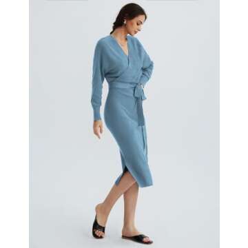 CHERFLY Women's V Neck Sweater Dress - Elegant Batwing Long Sleeve