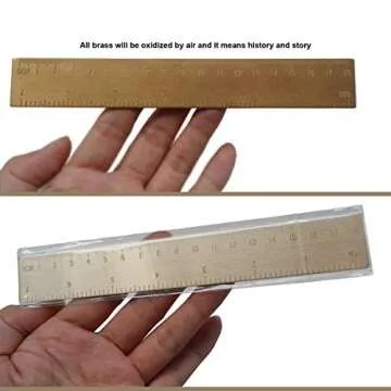 Small Metal Ruler 6 Inch (18cm) Brass Ruler for Bullet Journal with One Pen Holder for Notebooks