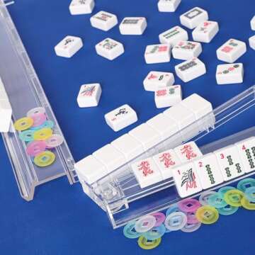 GUSTARIA Mahjong All-in-One Tile Rack & Pusher, Clear Acrylic Mahjong Rack and Pusher Combo, Modern American Majiang Tile Racks, Set of 4, White