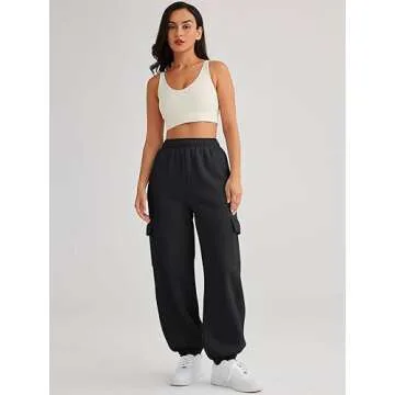 AUTOMET Womens Cargo Sweatpants Cinch Bottom Lounge Baggy Cotton Pants Joggers High Waist Fall Athletic Pant with Pockets Black L