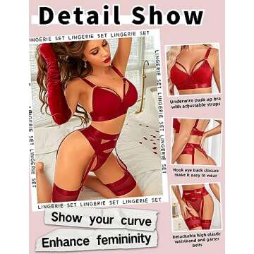 Avidlove Lingerie Set for Women Push Up Strappy Lingerie with Underwire Corset Lingerie with Garter Belt(Wine red,L)