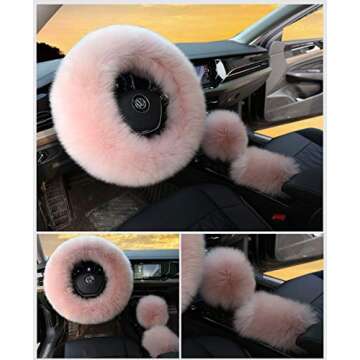 3Pcs Set Womens Winter Fashion Wool Fur Soft Furry Steering Wheel Covers Rose Pink Fluffy Handbrake ...