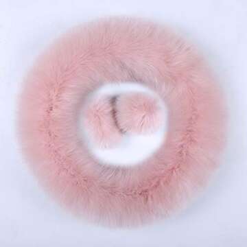 3Pcs Set Womens Winter Fashion Wool Fur Soft Furry Steering Wheel Covers Rose Pink Fluffy Handbrake Cover Gear Shift Cover Fuzz Warm Non-Slip Car Decoration Long Hair