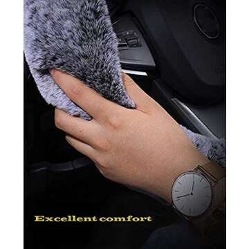 3Pcs Set Womens Winter Fashion Wool Fur Soft Furry Steering Wheel Covers Rose Pink Fluffy Handbrake Cover Gear Shift Cover Fuzz Warm Non-Slip Car Decoration Long Hair