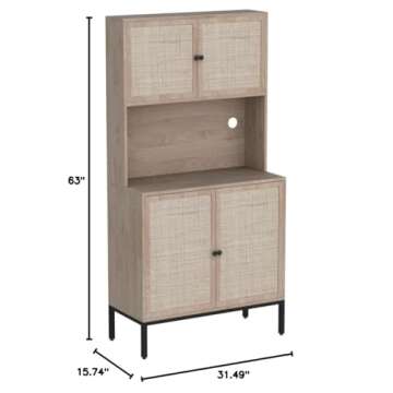 Yechen Storage Cabinet with Natural Handmade Rattan Wicker Doors, Freestanding Sideboard with Large Countertop, Kitchen Buffet (Natural Color)