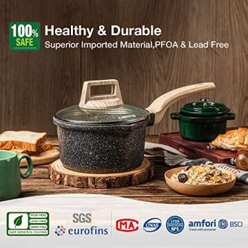 CAROTE Saucepan with Lid,Nonstick Milk Pan for Induction, Gas and Electric Hobs, Small Cooking Pot with Pour Spout (18cm, Classic Granite)