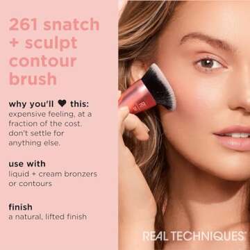 Real Techniques Snatch + Sculpt Contour Makeup Brush, For Liquid & Cream Contour & Bronzer, Flat Top & Oval Head For Blending & Buffing, Dense, Synthetic Bristles, Vegan & Cruelty Free, 1 Count