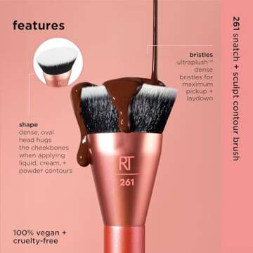 Real Techniques Snatch + Sculpt Contour Makeup Brush, For Liquid & Cream Contour & Bronzer, Flat Top & Oval Head For Blending & Buffing, Dense, Synthetic Bristles, Vegan & Cruelty Free, 1 Count