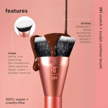 Real Techniques Snatch + Sculpt Contour Makeup Brush, For Liquid & Cream Contour & Bronzer, Flat Top & Oval Head For Blending & Buffing, Dense, Synthetic Bristles, Vegan & Cruelty Free, 1 Count