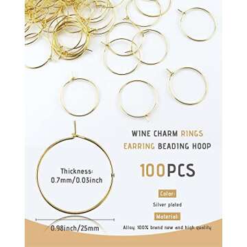 JIALEEY Wine Glass Charm Rings - 100 Gold Plated Hoops