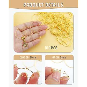 JIALEEY Wine Glass Charm Rings - 100 Gold Plated Hoops