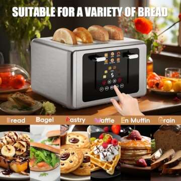 whall 4 Slice Touch Screen Toaster, Stainless Steel Toasters Digital Timer, Dual Control Panel Toasters，6 Shade Settings＆6 Bread Types, Smart Wide Slots, Bagel, Cancel, Defrost,Silver