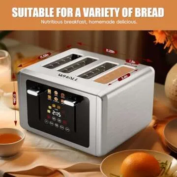 whall 4 Slice Touch Screen Toaster, Stainless Steel Toasters Digital Timer, Dual Control Panel Toasters，6 Shade Settings＆6 Bread Types, Smart Wide Slots, Bagel, Cancel, Defrost,Silver