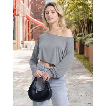 Blocac Off Shoulder Crop Top - Trendy Workout and Casual Long Sleeve Tee