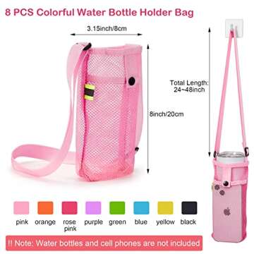Tessco 8 Pcs Water Bottle Sling Holder with Adjustable Shoulder Strap Water Bottle Mesh Carrier Bag Sleeve Pouch Holder for Walking Sports(7.4 x 3.5 Inch,Bright Colors)