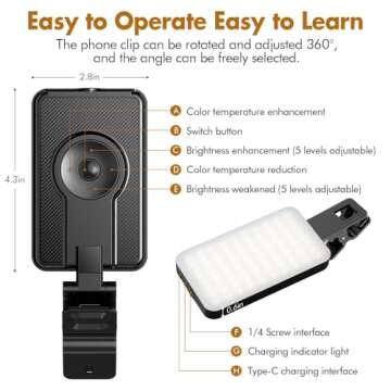 PIDINUK Selfie Light for iPhone,Portable Phone Clip on Light,Rechargeable LED Ring Light for Phone,Video Recording,Camera,Laptop,TikTok,Tablet,Vlog,Computer,5 Lighting Modes,80 LED High Power
