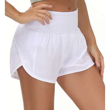 Wjustforu Womens Lightweight Running Shorts High Waist Quick Dry Gym Shorts Mesh Liner Zipper Pocket for Workout Athletic (Medium, White)