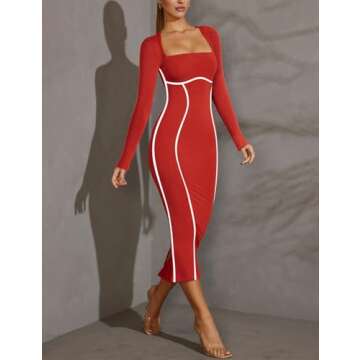 MAYFASEY Women's Long Sleeve Dress with Contrast Binding