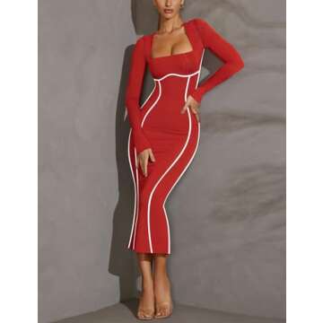MAYFASEY Women's Long Sleeve Dress with Contrast Binding