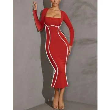 MAYFASEY Women's Long Sleeve Dress with Contrast Binding