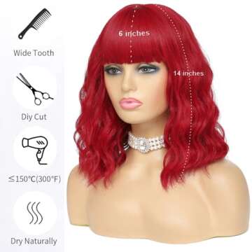 AngelRise Short Wavy Red Wig with Bangs for Women Synthetic Curly Bob Wig Natural Looking Heat Resis...