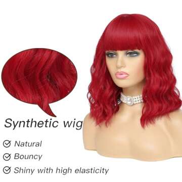 AngelRise Short Wavy Red Wig with Bangs for Women Synthetic Curly Bob Wig Natural Looking Heat Resistant Fiber Wig for Daily Party