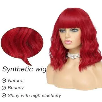 AngelRise Short Wavy Red Wig with Bangs for Women Synthetic Curly Bob Wig Natural Looking Heat Resistant Fiber Wig for Daily Party