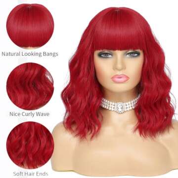 AngelRise Short Wavy Red Wig with Bangs for Women Synthetic Curly Bob Wig Natural Looking Heat Resistant Fiber Wig for Daily Party