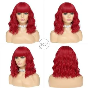 AngelRise Short Wavy Red Wig with Bangs for Women Synthetic Curly Bob Wig Natural Looking Heat Resistant Fiber Wig for Daily Party