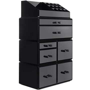 InnSweet Acrylic Cosmetic Organizer Beauty Storage Drawers, Large Makeup Storage Boxes Jewelry Display Cases with 7 Drawers, 4 Piece, Black