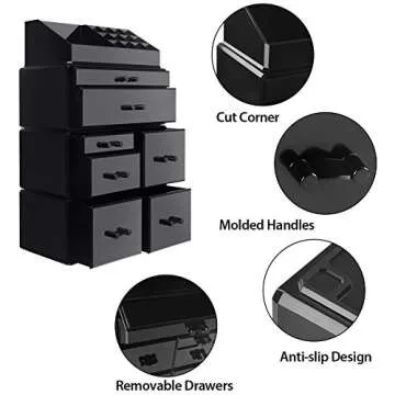 InnSweet Acrylic Cosmetic Organizer Beauty Storage Drawers, Large Makeup Storage Boxes Jewelry Display Cases with 7 Drawers, 4 Piece, Black