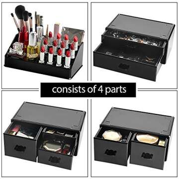 InnSweet Acrylic Cosmetic Organizer Beauty Storage Drawers, Large Makeup Storage Boxes Jewelry Display Cases with 7 Drawers, 4 Piece, Black