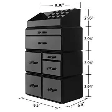 InnSweet Acrylic Cosmetic Organizer Beauty Storage Drawers, Large Makeup Storage Boxes Jewelry Display Cases with 7 Drawers, 4 Piece, Black