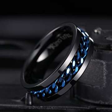 King Will 8mm Black Blue Spinner Ring Stainless Steel Fidget Ring Anxiety Ring For Men(10)