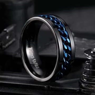 King Will 8mm Black Blue Spinner Ring Stainless Steel Fidget Ring Anxiety Ring For Men(10)