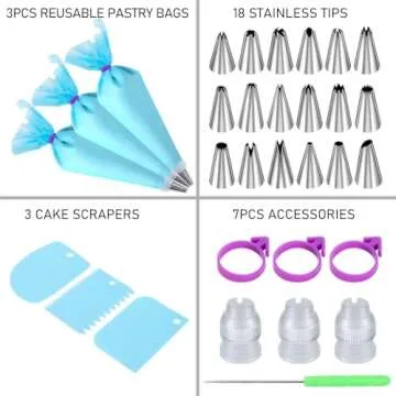 Piping Bags and Tips Set, Cakes Decorating Kit Supplies with 3 Reusable Pastry Bags, 18 Frosting Tip...