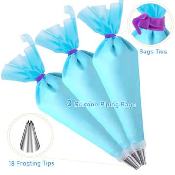 Piping Bags and Tips Set, Cakes Decorating Kit Supplies with 3 Reusable Pastry Bags, 18 Frosting Tips, 3 Couplers, 3 Bag Ties, 3 Cake Scraper, 1 Cake Decorating Tools for Cookie Icing