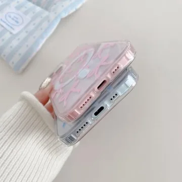 UEEBAI Magnetic for iPhone 15 Plus Case & iPhone 14 Plus Case, Bow Case Compatible with MagSafe, Wireless Slim Clear Ribbon Phone Case Anti-Yellowing Shockproof Protective Cover for Women Girl - Pink